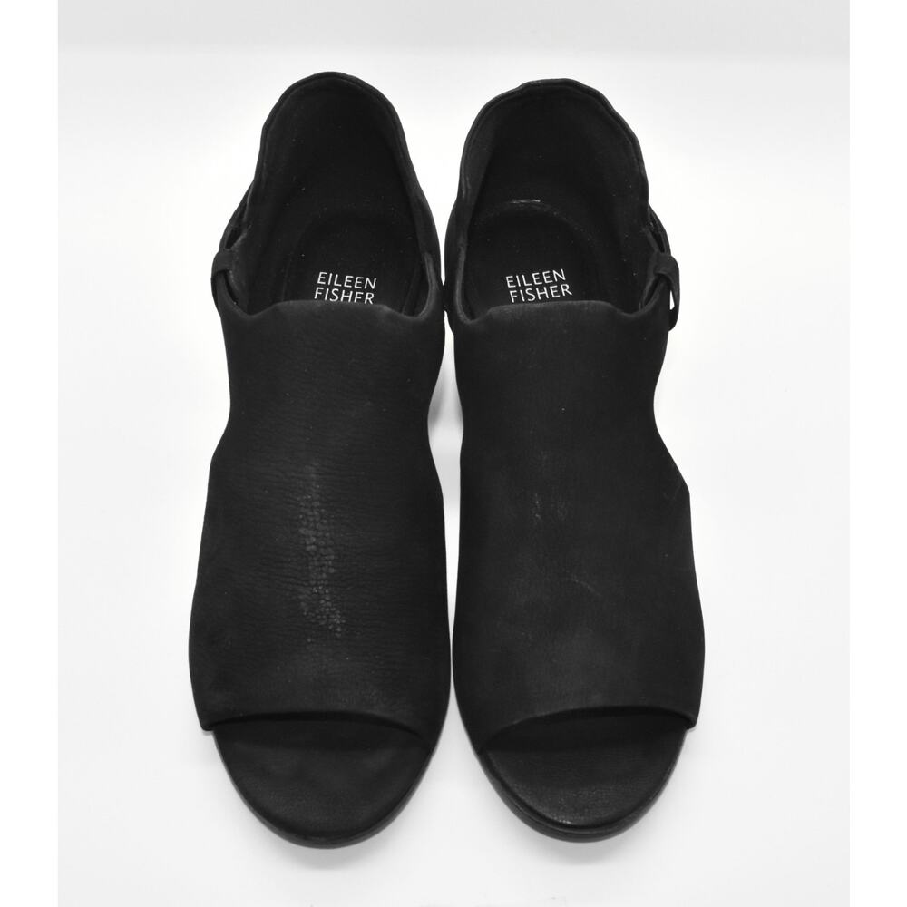 A7 Auth EILEEN FISHER Iris Black Nubuck Cutout Peep Toe Block Heels Sandals Sz 9 - Picture 4 of 7